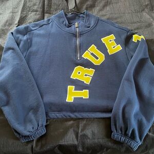 True Religion Navy Blue Half-Zip Sweater with Yellow Lettering